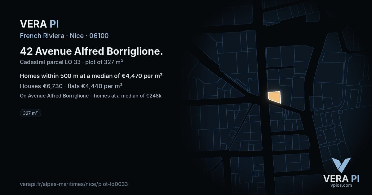 42 Avenue Alfred Borriglione, Nice at night – the plot lit, the parcels around coloured by the prices near them