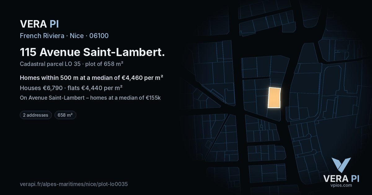 115 Avenue Saint-Lambert, Nice at night – the plot lit, the parcels around coloured by the prices near them