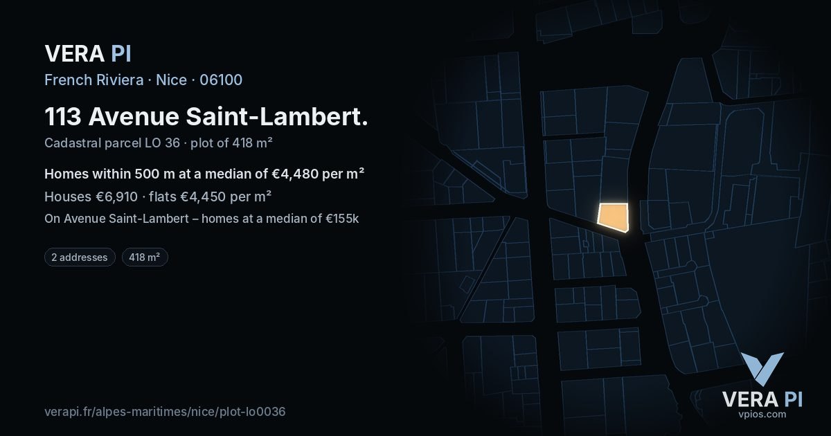 113 Avenue Saint-Lambert, Nice at night – the plot lit, the parcels around coloured by the prices near them