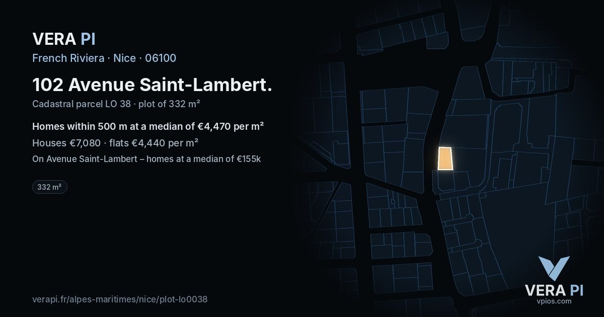 102 Avenue Saint-Lambert, Nice at night – the plot lit, the parcels around coloured by the prices near them
