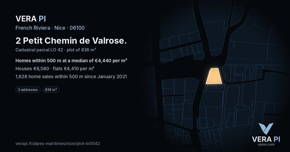 2 Petit Chemin de Valrose, Nice at night – the plot lit, the parcels around coloured by the prices near them