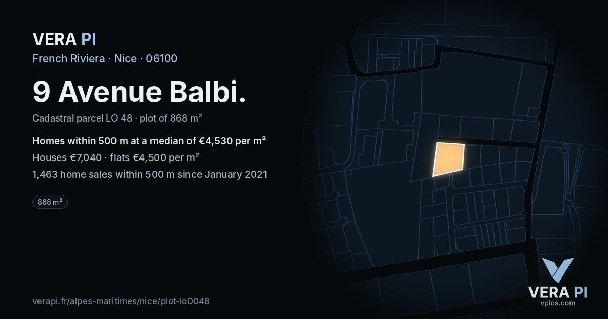 9 Avenue Balbi, Nice at night – the plot lit, the parcels around coloured by the prices near them