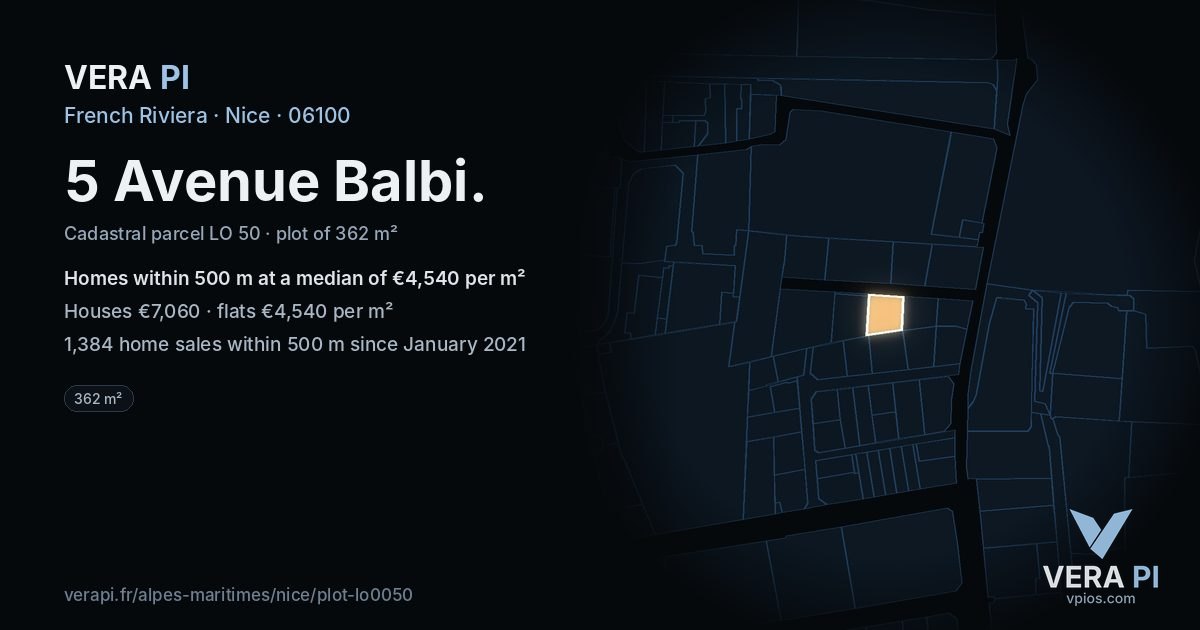 5 Avenue Balbi, Nice at night – the plot lit, the parcels around coloured by the prices near them