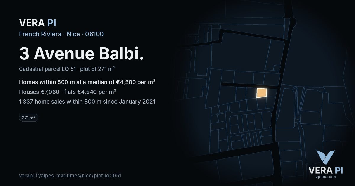 3 Avenue Balbi, Nice at night – the plot lit, the parcels around coloured by the prices near them