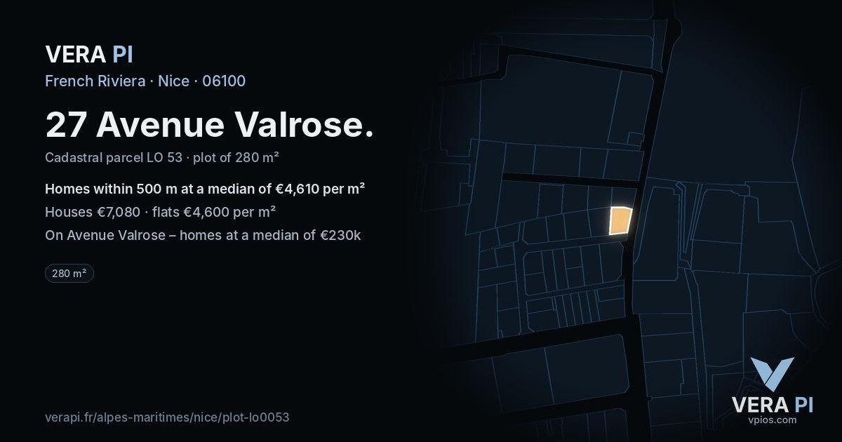27 Avenue Valrose, Nice at night – the plot lit, the parcels around coloured by the prices near them
