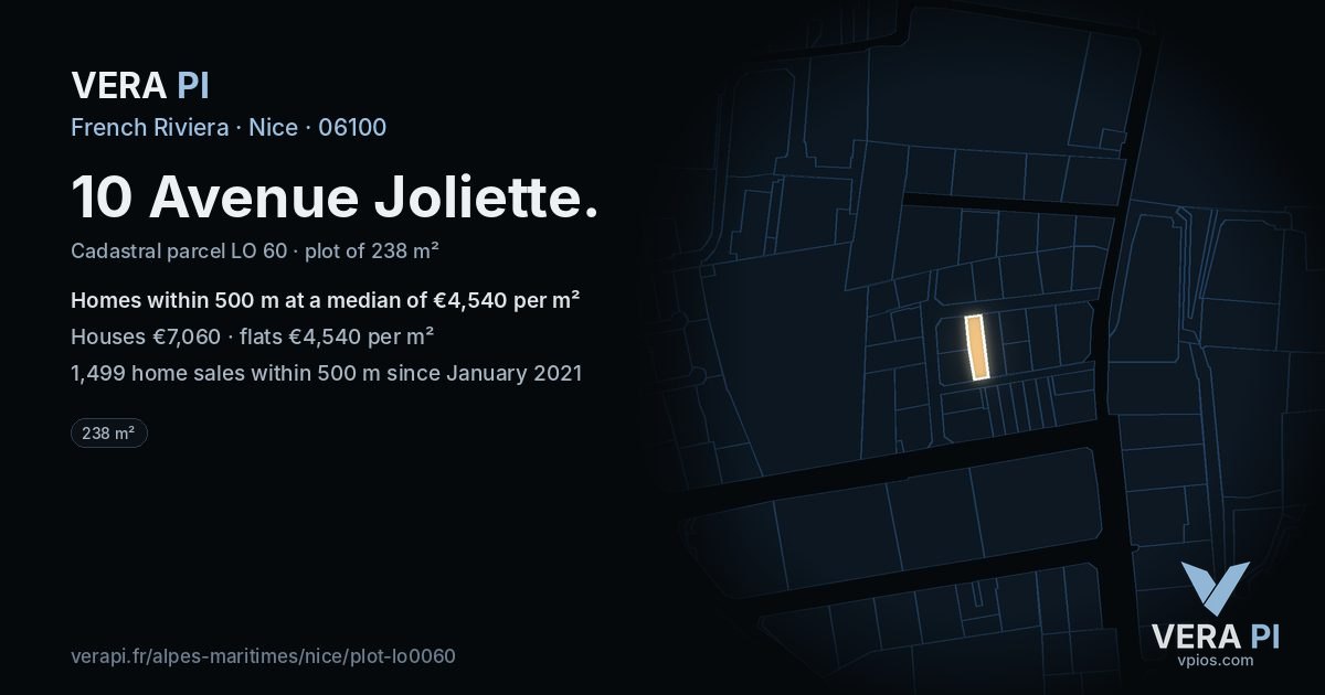 10 Avenue Joliette, Nice at night – the plot lit, the parcels around coloured by the prices near them