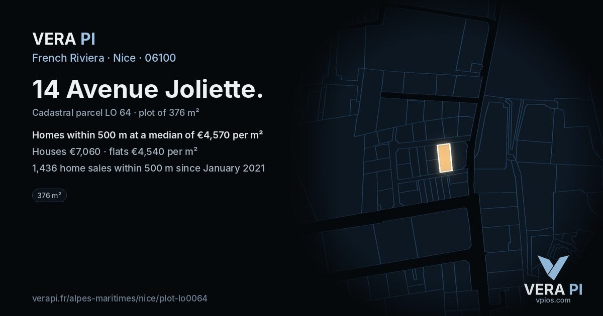 14 Avenue Joliette, Nice at night – the plot lit, the parcels around coloured by the prices near them
