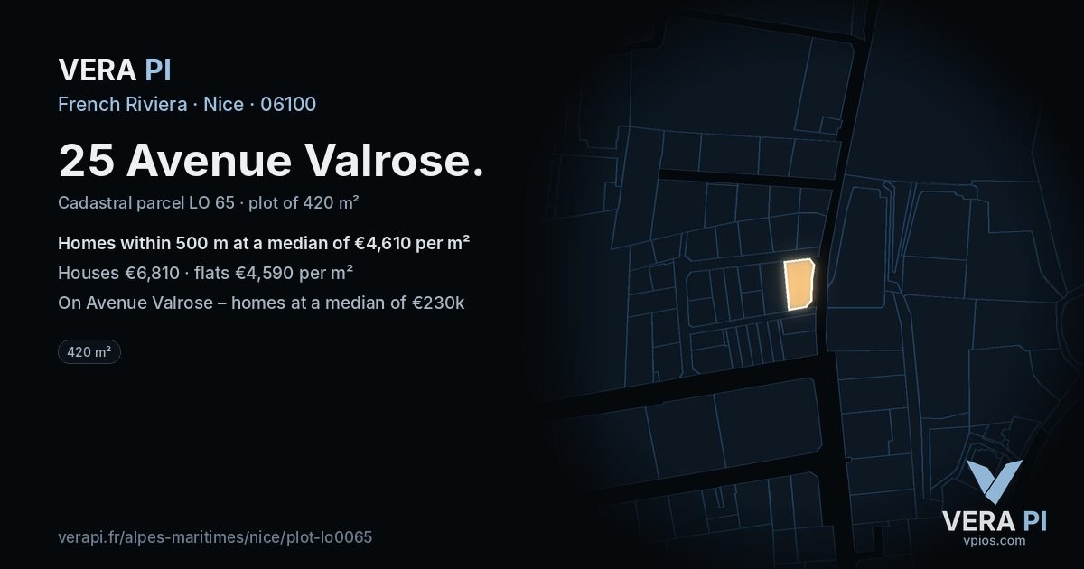 25 Avenue Valrose, Nice at night – the plot lit, the parcels around coloured by the prices near them