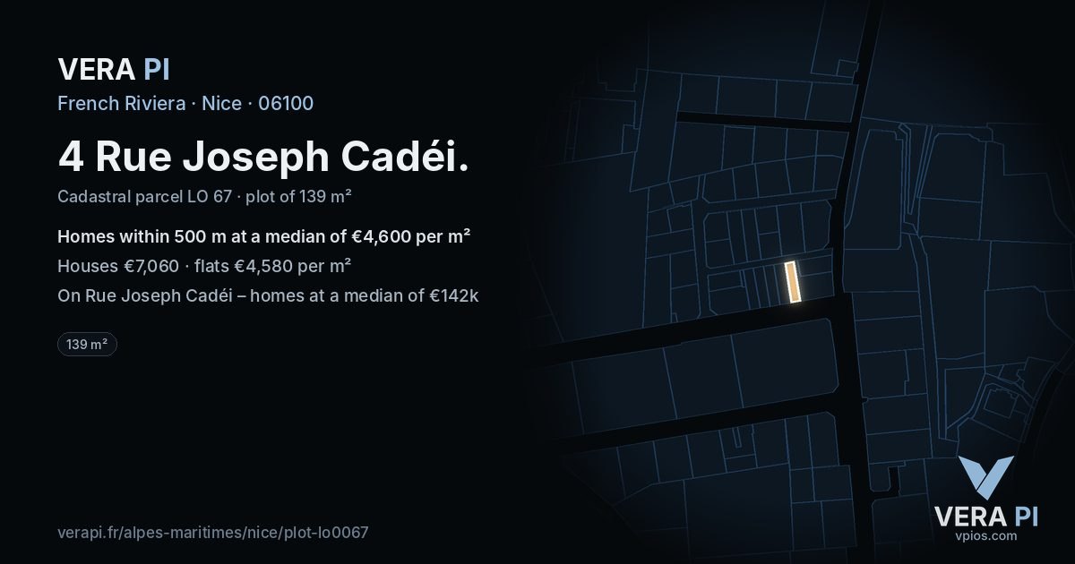 4 Rue Joseph Cadéi, Nice at night – the plot lit, the parcels around coloured by the prices near them