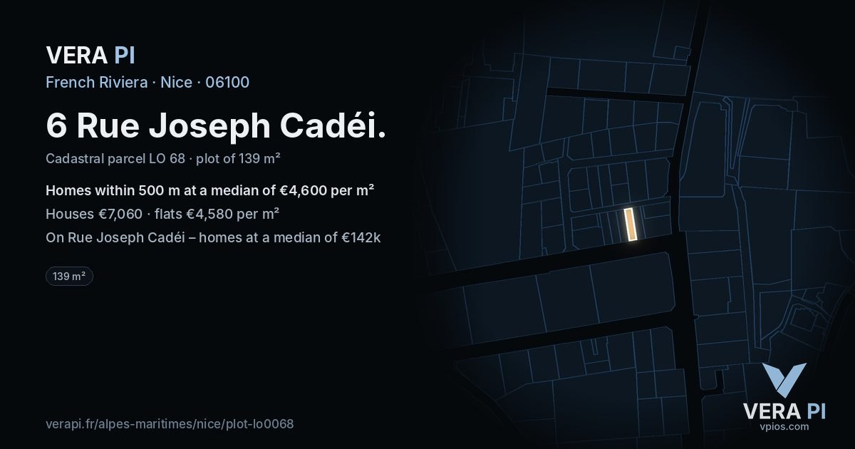6 Rue Joseph Cadéi, Nice at night – the plot lit, the parcels around coloured by the prices near them