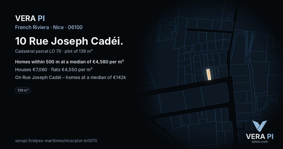 10 Rue Joseph Cadéi, Nice at night – the plot lit, the parcels around coloured by the prices near them