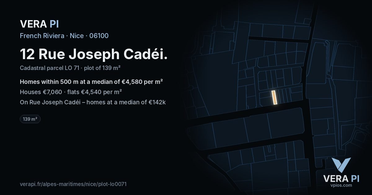 12 Rue Joseph Cadéi, Nice at night – the plot lit, the parcels around coloured by the prices near them