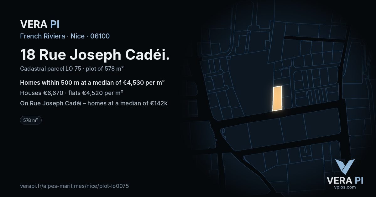 18 Rue Joseph Cadéi, Nice at night – the plot lit, the parcels around coloured by the prices near them