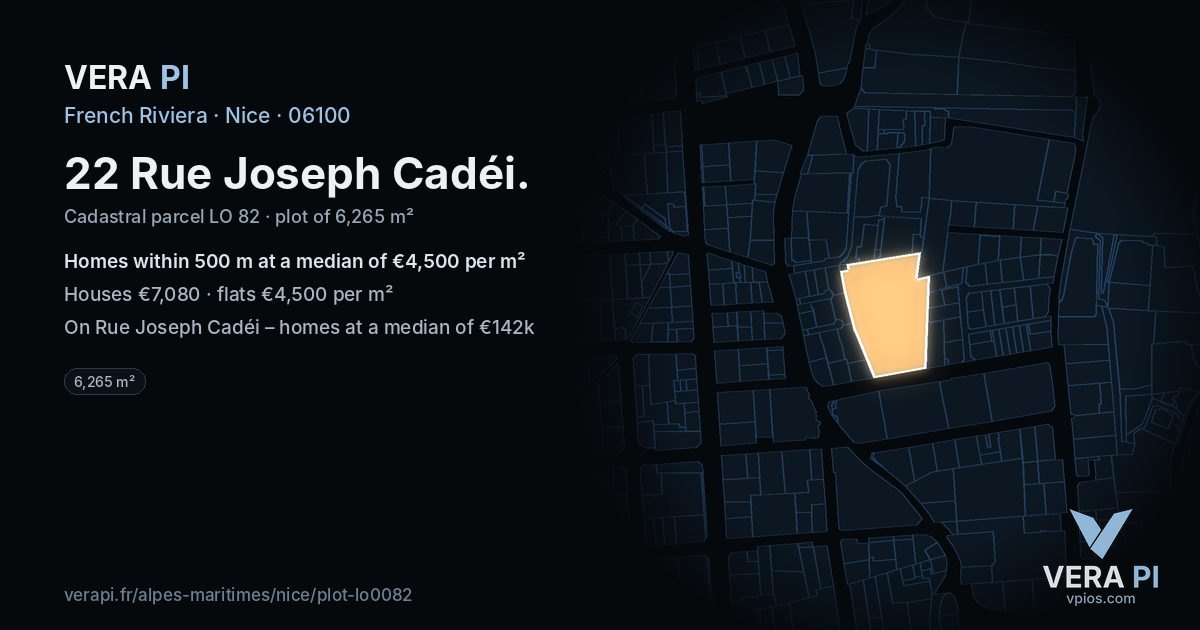 22 Rue Joseph Cadéi, Nice at night – the plot lit, the parcels around coloured by the prices near them