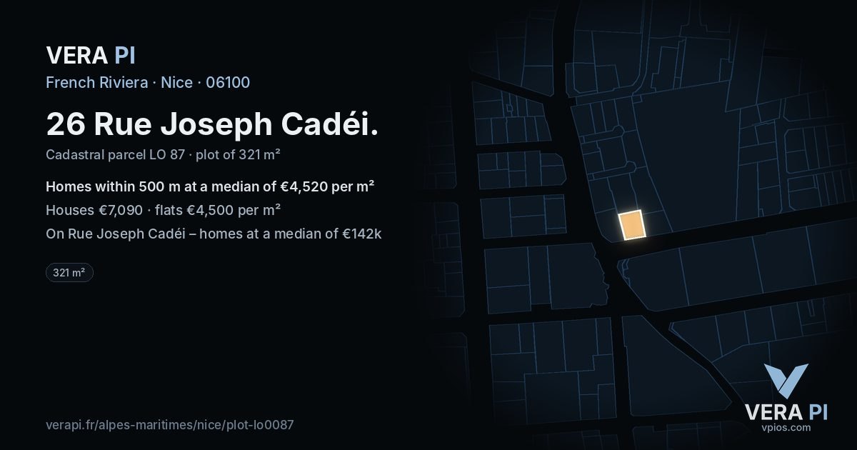 26 Rue Joseph Cadéi, Nice at night – the plot lit, the parcels around coloured by the prices near them