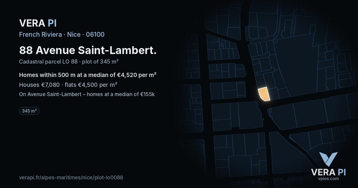 88 Avenue Saint-Lambert, Nice at night – the plot lit, the parcels around coloured by the prices near them