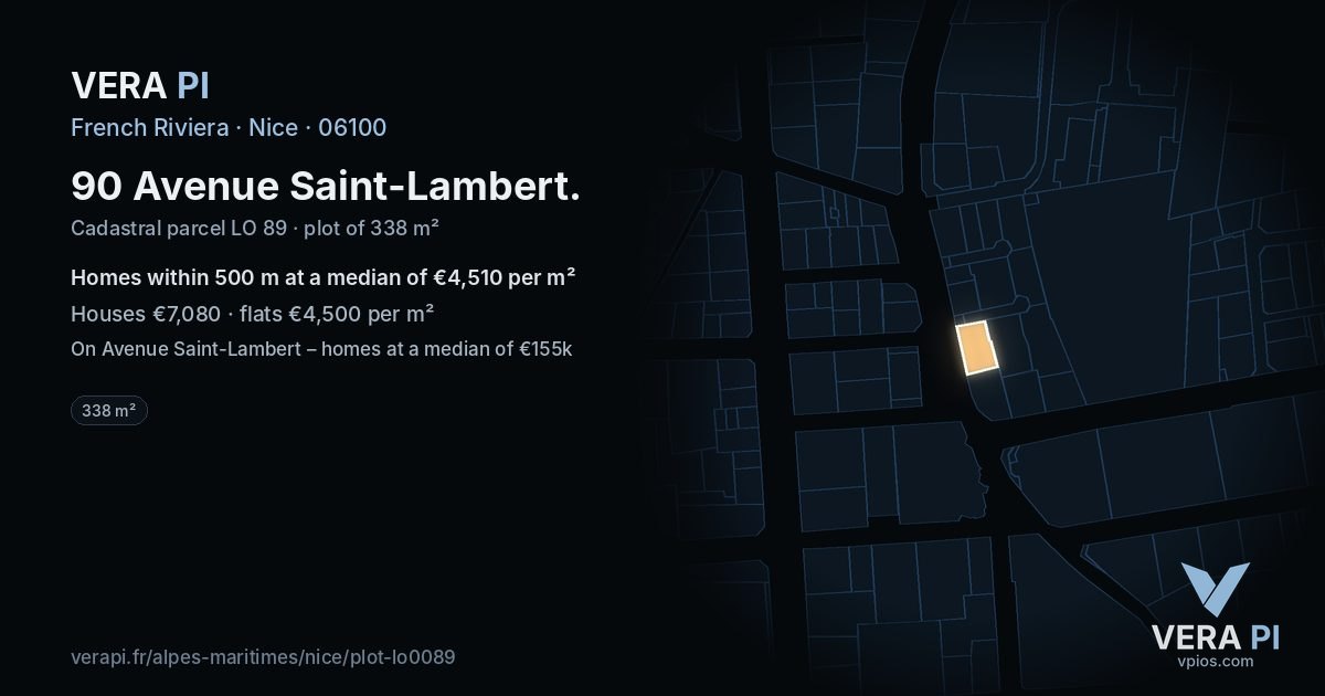 90 Avenue Saint-Lambert, Nice at night – the plot lit, the parcels around coloured by the prices near them