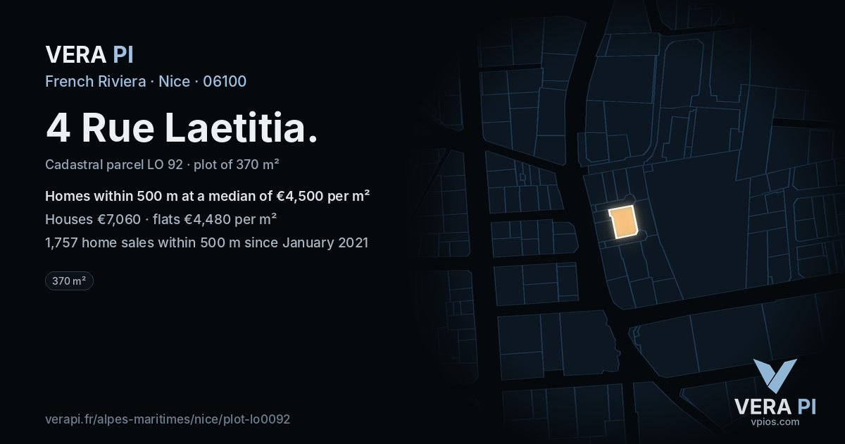 4 Rue Laetitia, Nice at night – the plot lit, the parcels around coloured by the prices near them