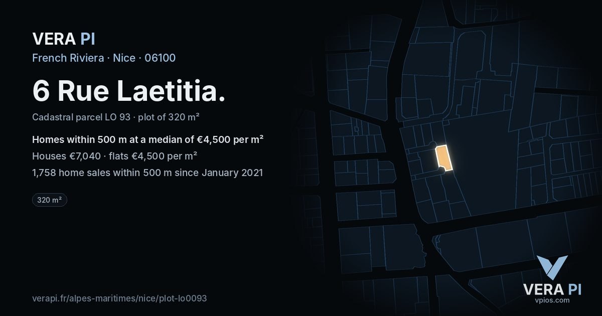 6 Rue Laetitia, Nice at night – the plot lit, the parcels around coloured by the prices near them