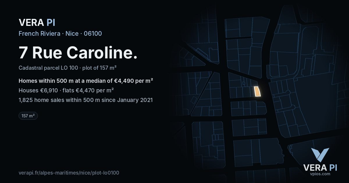 7 Rue Caroline, Nice at night – the plot lit, the parcels around coloured by the prices near them