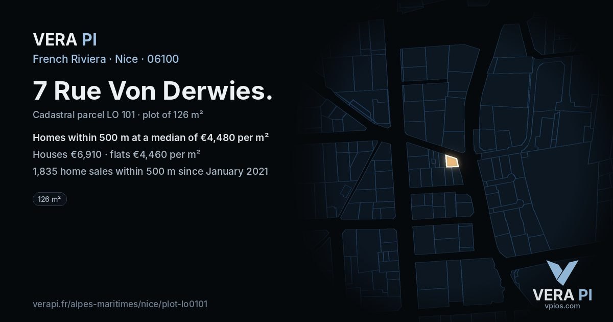 7 Rue Von Derwies, Nice at night – the plot lit, the parcels around coloured by the prices near them