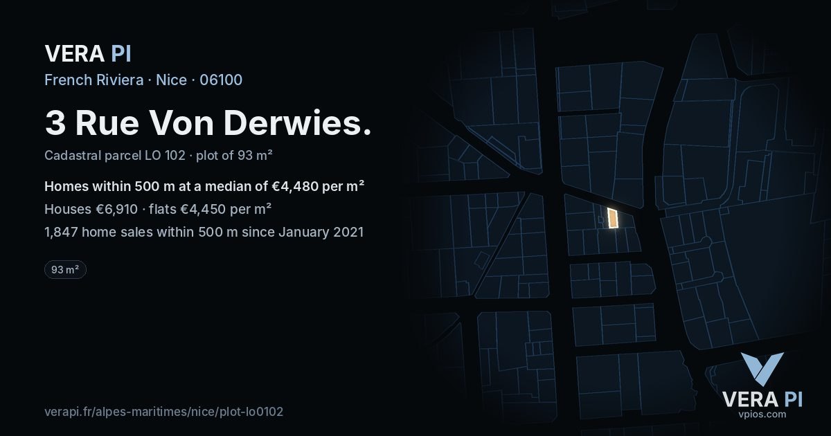 3 Rue Von Derwies, Nice at night – the plot lit, the parcels around coloured by the prices near them