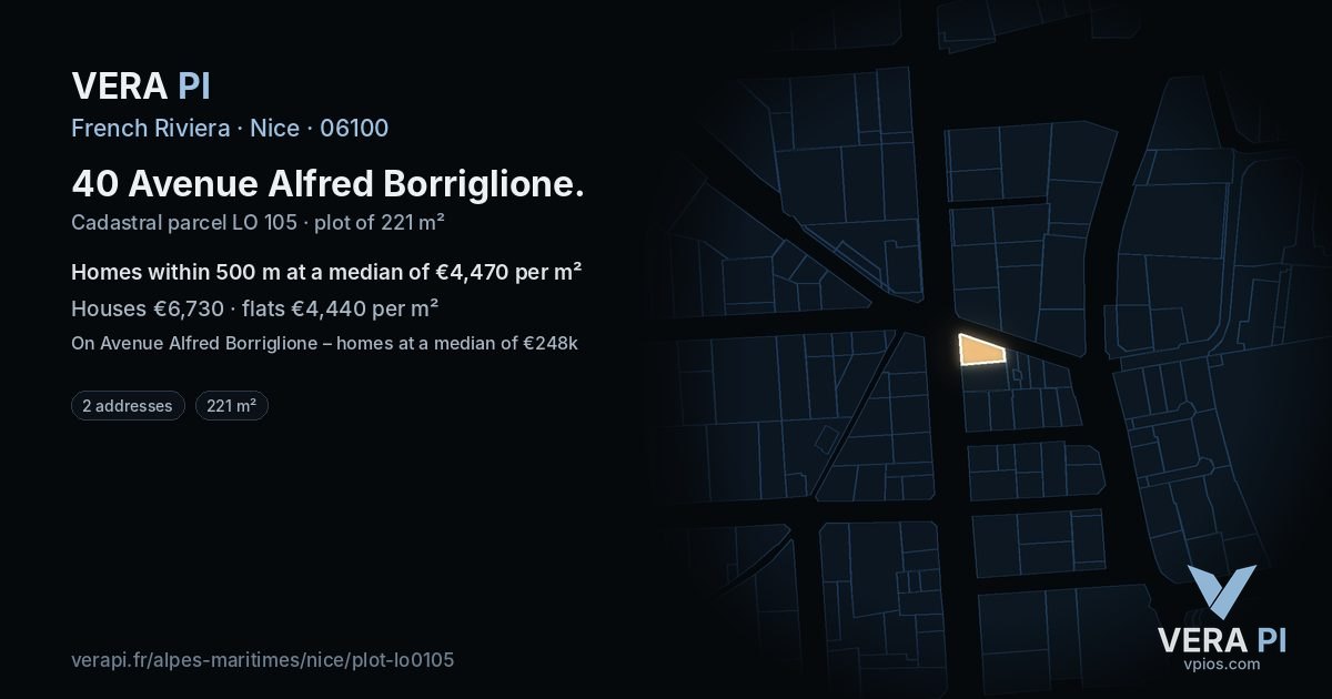 40 Avenue Alfred Borriglione, Nice at night – the plot lit, the parcels around coloured by the prices near them