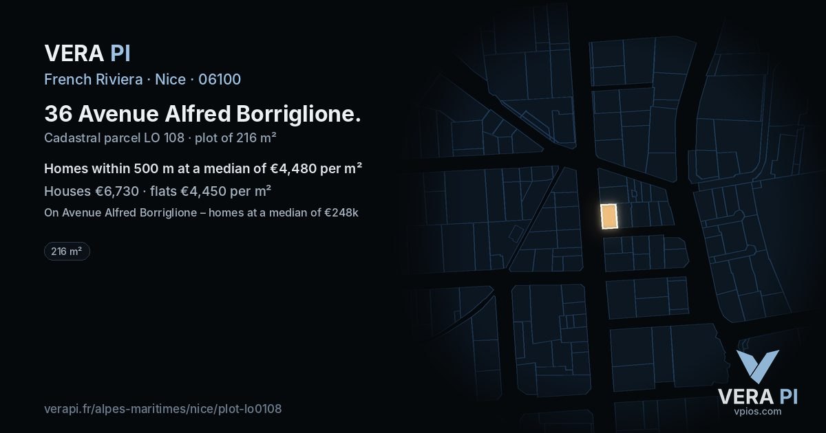 36 Avenue Alfred Borriglione, Nice at night – the plot lit, the parcels around coloured by the prices near them