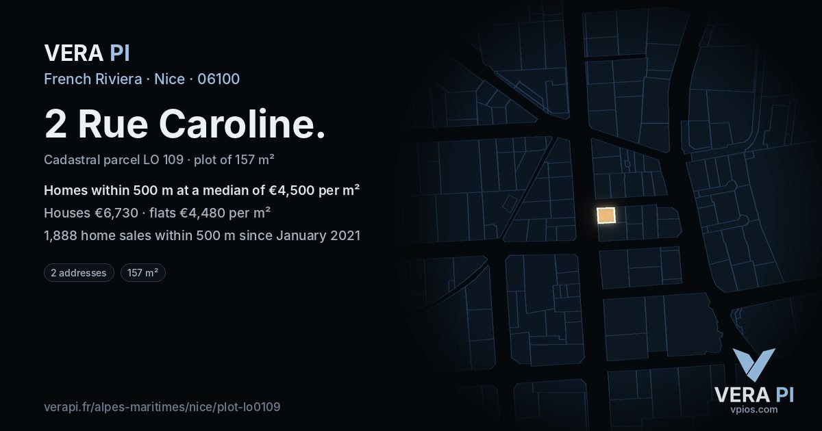 2 Rue Caroline, Nice at night – the plot lit, the parcels around coloured by the prices near them