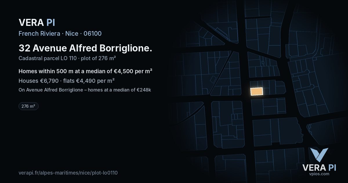 32 Avenue Alfred Borriglione, Nice at night – the plot lit, the parcels around coloured by the prices near them