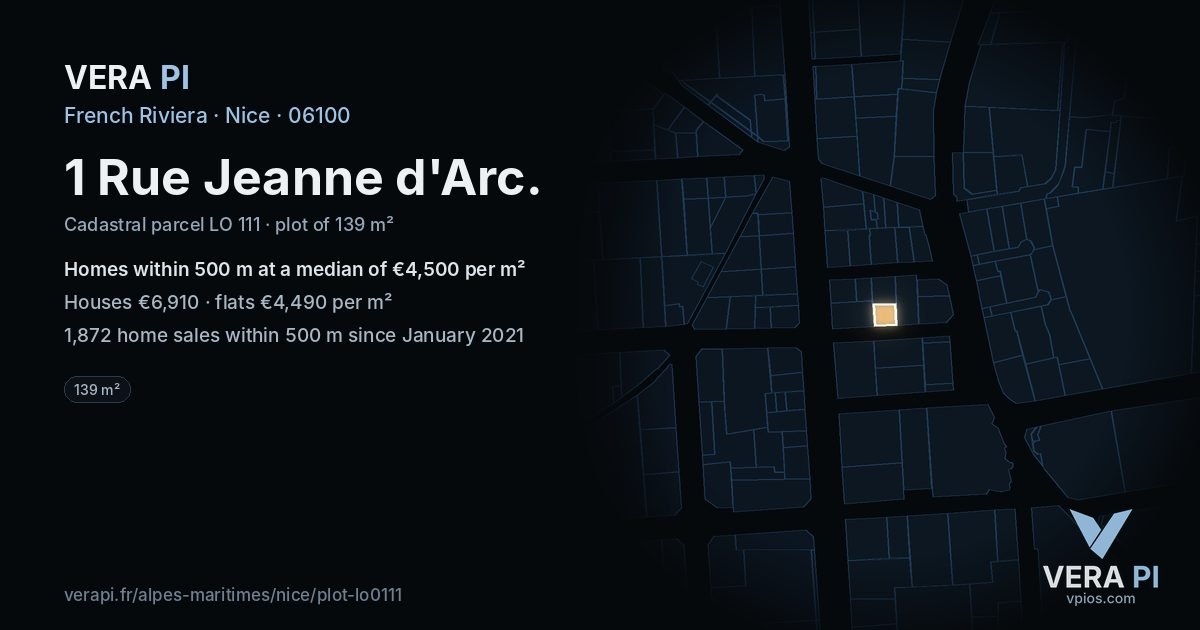 1 Rue Jeanne d'Arc, Nice at night – the plot lit, the parcels around coloured by the prices near them