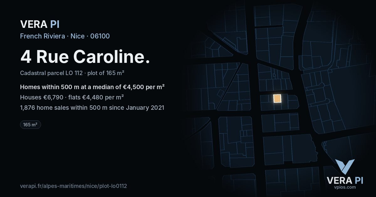 4 Rue Caroline, Nice at night – the plot lit, the parcels around coloured by the prices near them