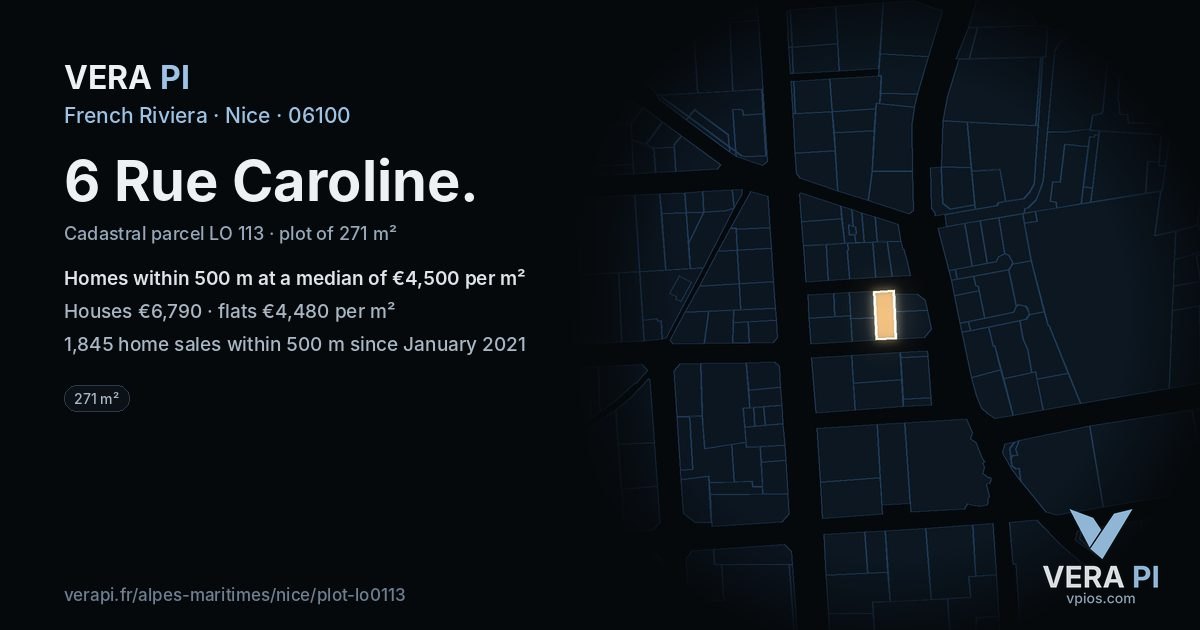 6 Rue Caroline, Nice at night – the plot lit, the parcels around coloured by the prices near them