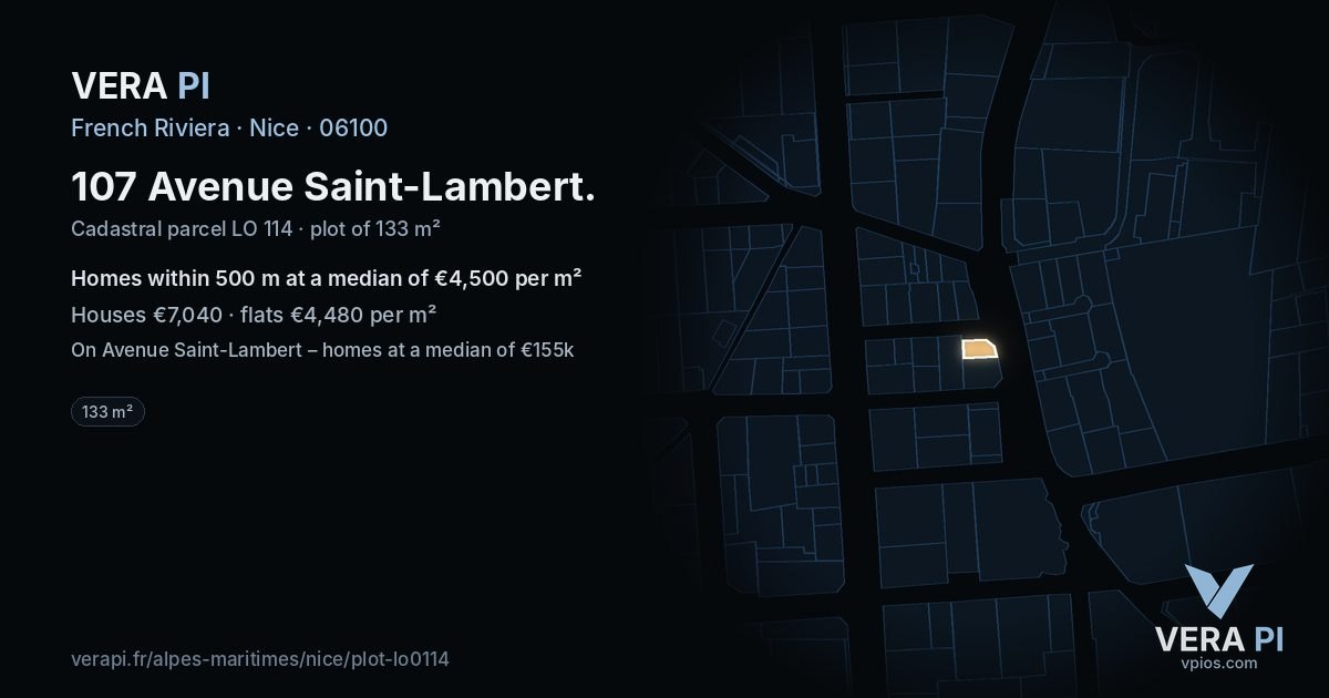 107 Avenue Saint-Lambert, Nice at night – the plot lit, the parcels around coloured by the prices near them