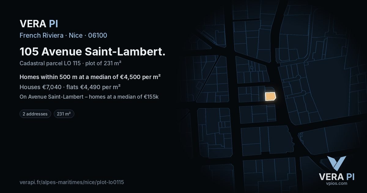 105 Avenue Saint-Lambert, Nice at night – the plot lit, the parcels around coloured by the prices near them