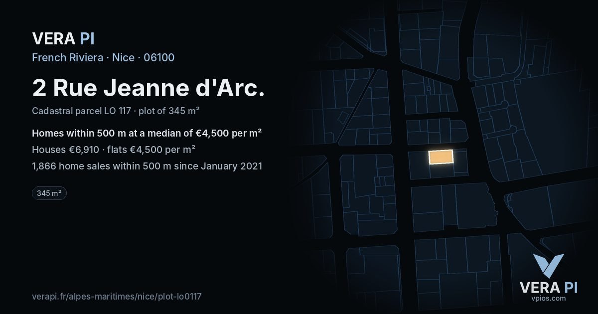 2 Rue Jeanne d'Arc, Nice at night – the plot lit, the parcels around coloured by the prices near them