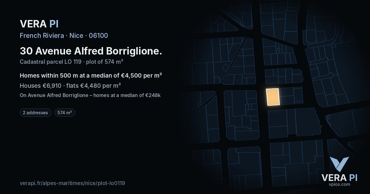 30 Avenue Alfred Borriglione, Nice at night – the plot lit, the parcels around coloured by the prices near them