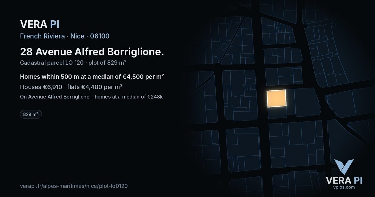 28 Avenue Alfred Borriglione, Nice at night – the plot lit, the parcels around coloured by the prices near them