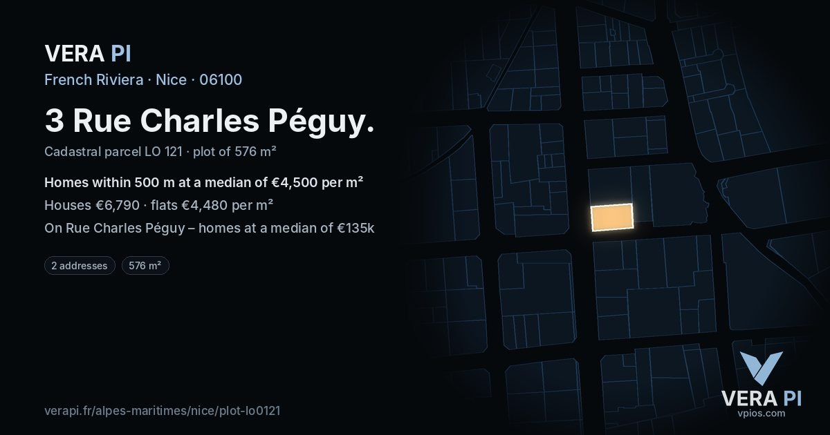 3 Rue Charles Péguy, Nice at night – the plot lit, the parcels around coloured by the prices near them