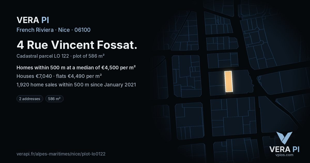 4 Rue Vincent Fossat, Nice at night – the plot lit, the parcels around coloured by the prices near them