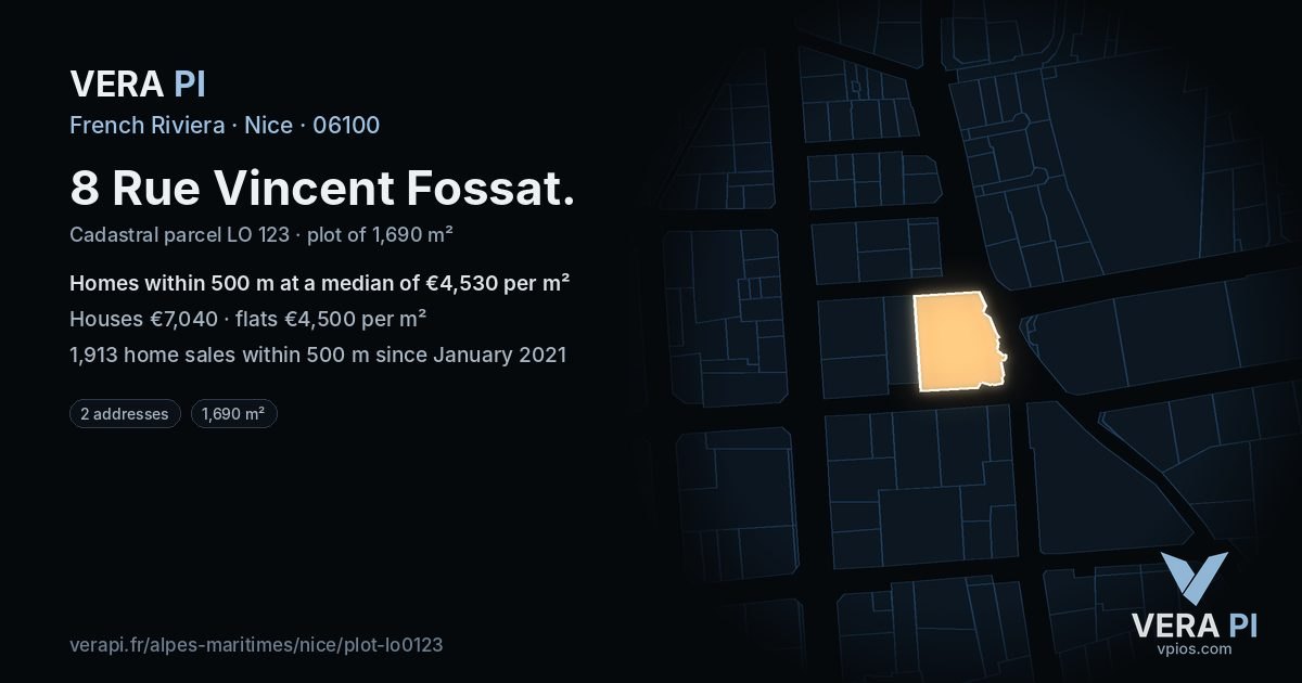 8 Rue Vincent Fossat, Nice at night – the plot lit, the parcels around coloured by the prices near them