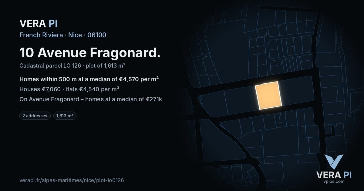 10 Avenue Fragonard, Nice at night – the plot lit, the parcels around coloured by the prices near them