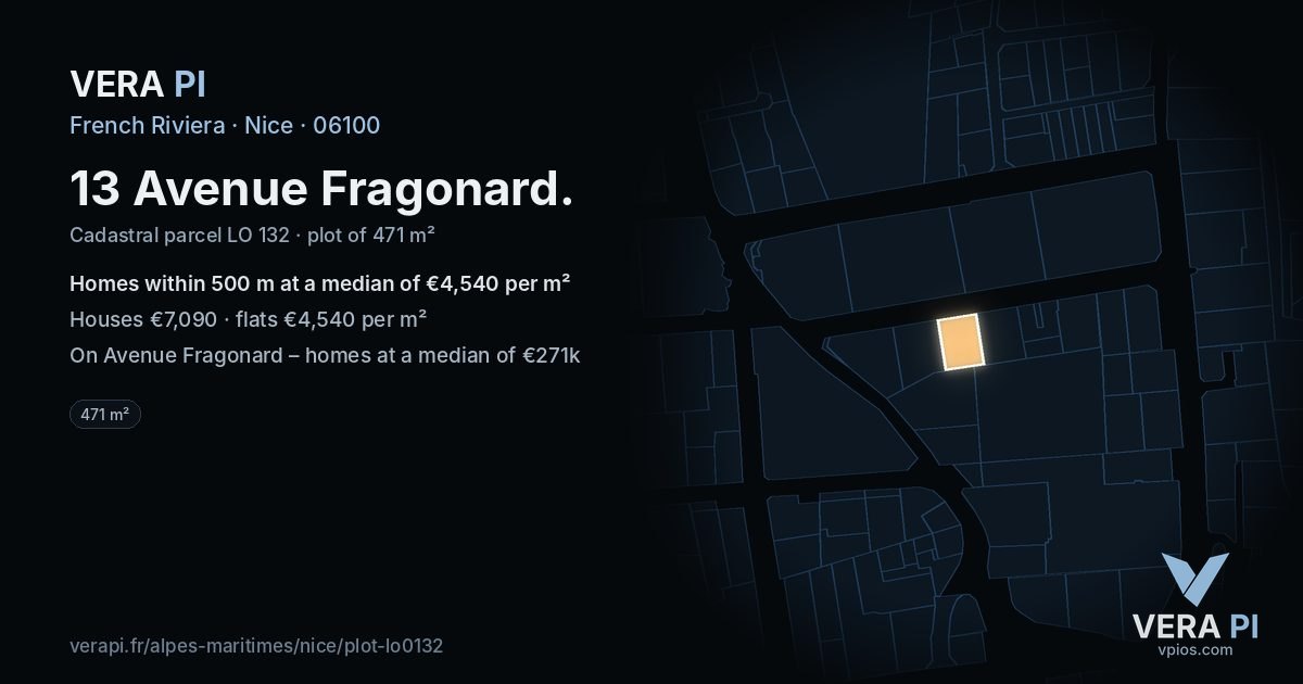 13 Avenue Fragonard, Nice at night – the plot lit, the parcels around coloured by the prices near them