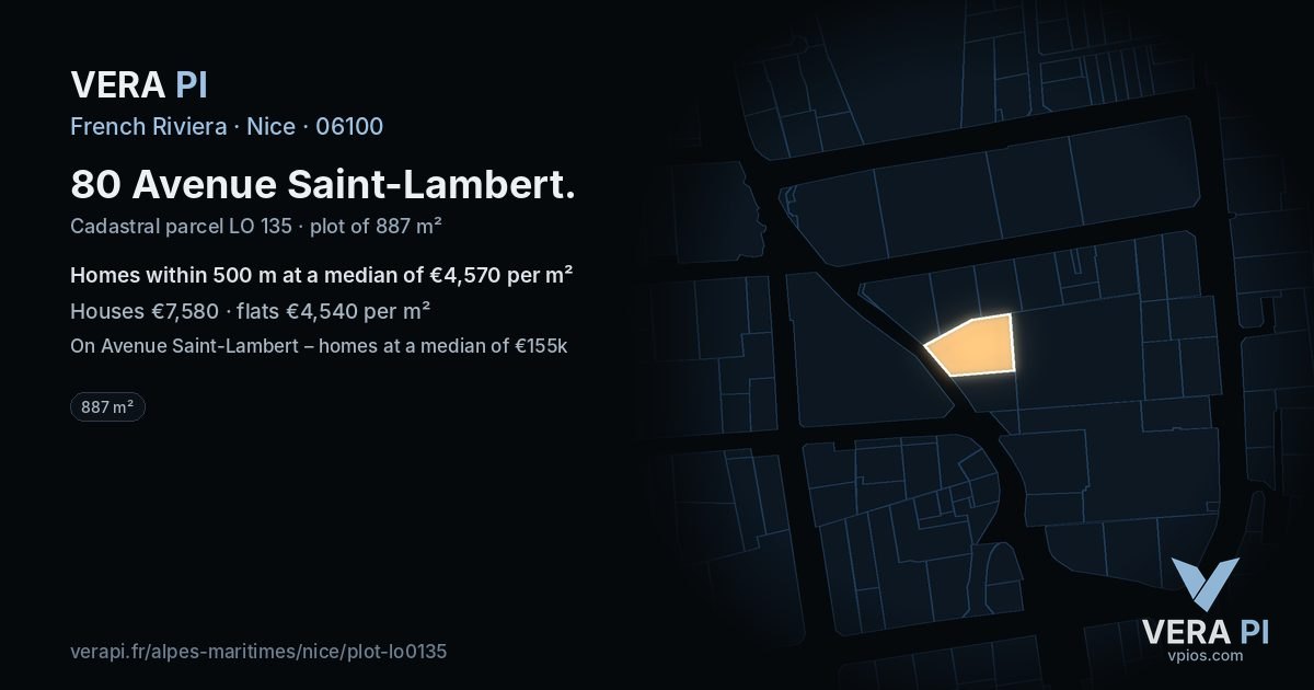 80 Avenue Saint-Lambert, Nice at night – the plot lit, the parcels around coloured by the prices near them
