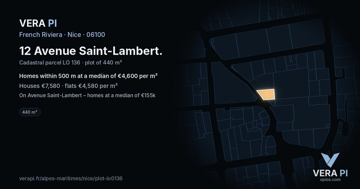 12 Avenue Saint-Lambert, Nice at night – the plot lit, the parcels around coloured by the prices near them