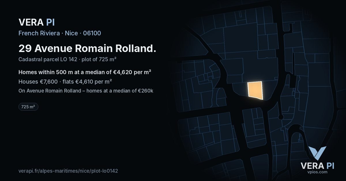 29 Avenue Romain Rolland, Nice at night – the plot lit, the parcels around coloured by the prices near them
