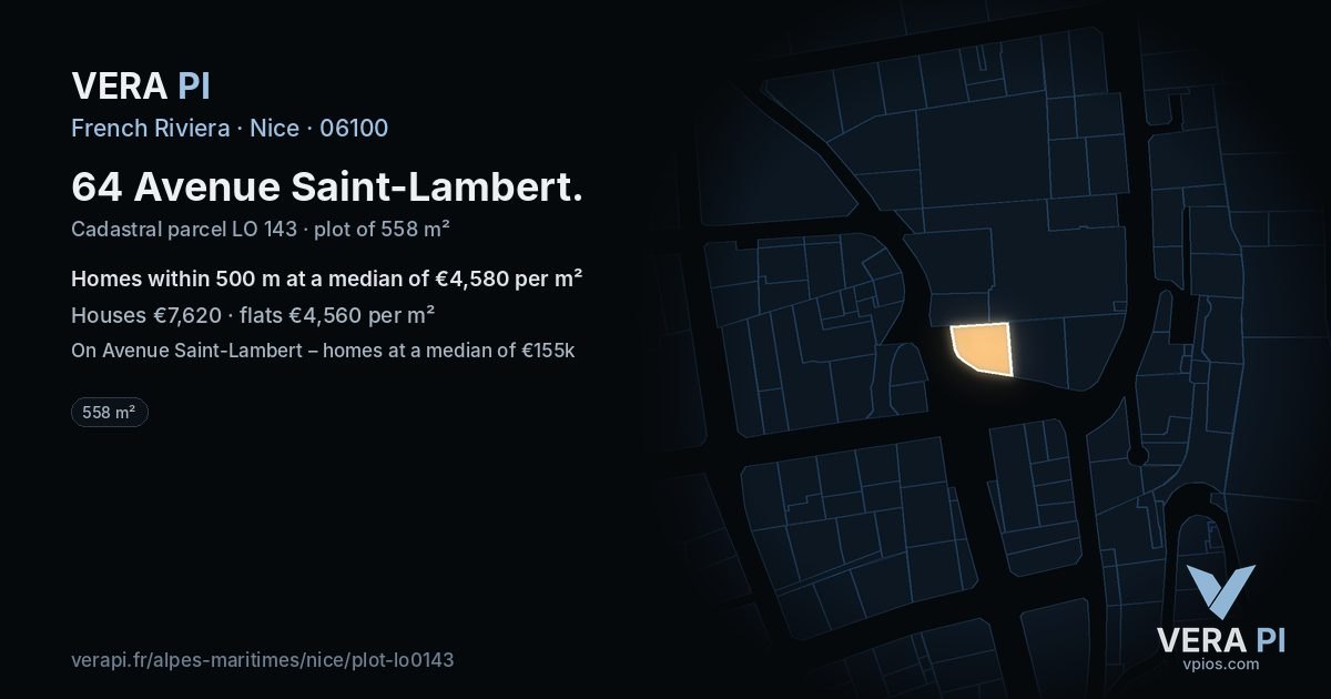 64 Avenue Saint-Lambert, Nice at night – the plot lit, the parcels around coloured by the prices near them
