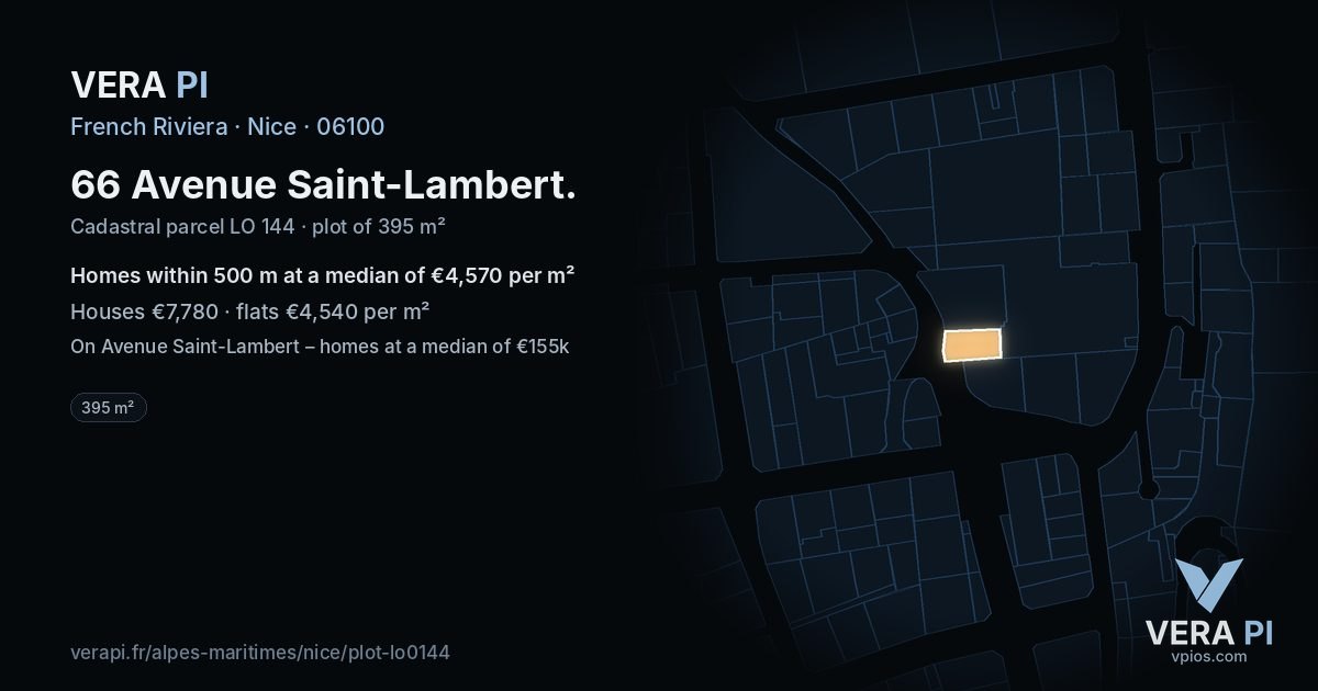 66 Avenue Saint-Lambert, Nice at night – the plot lit, the parcels around coloured by the prices near them