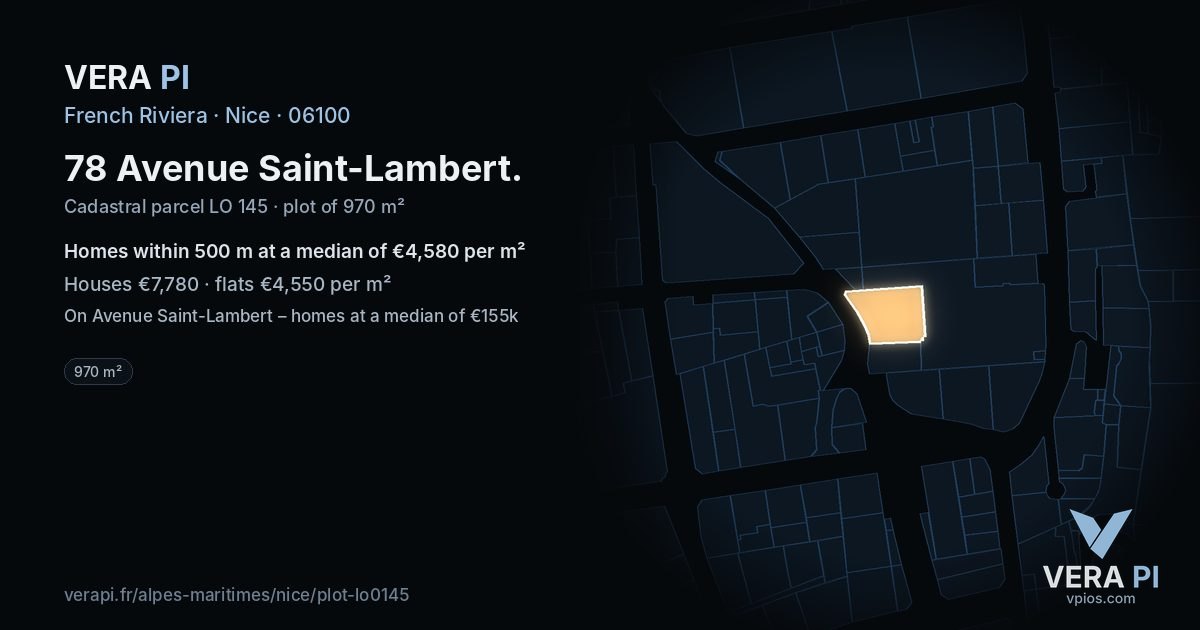 78 Avenue Saint-Lambert, Nice at night – the plot lit, the parcels around coloured by the prices near them