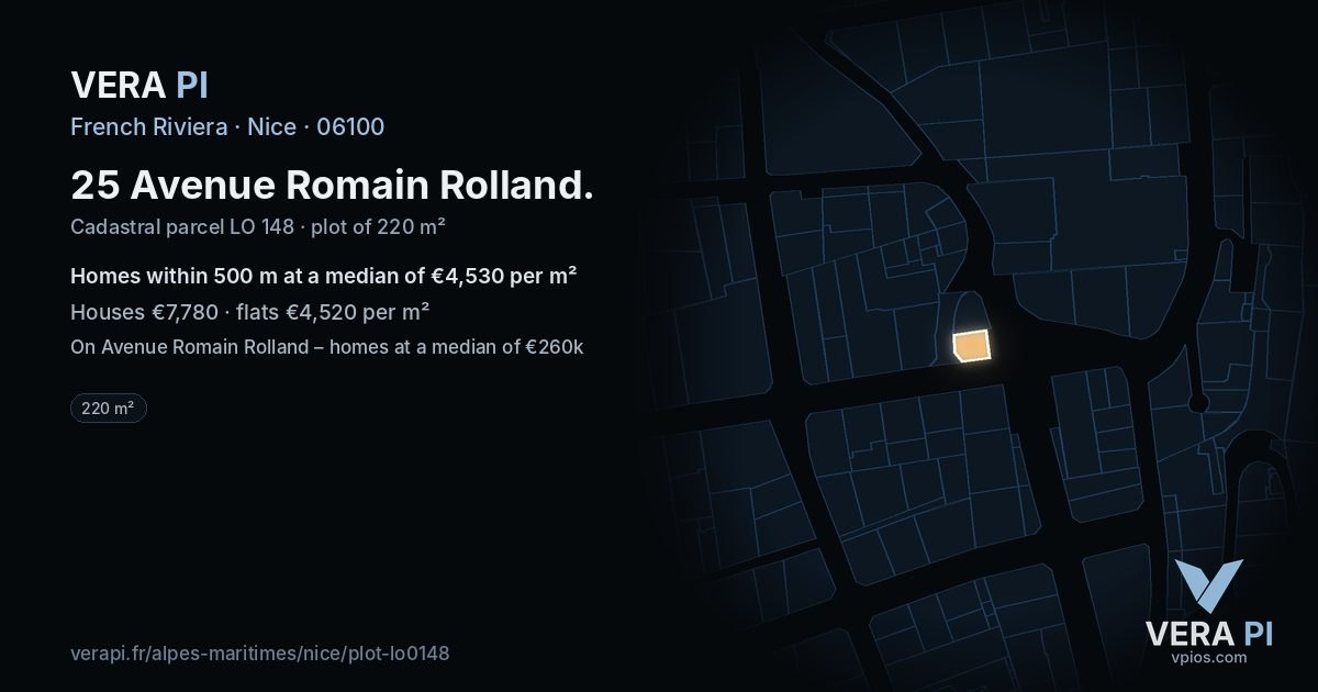 25 Avenue Romain Rolland, Nice at night – the plot lit, the parcels around coloured by the prices near them